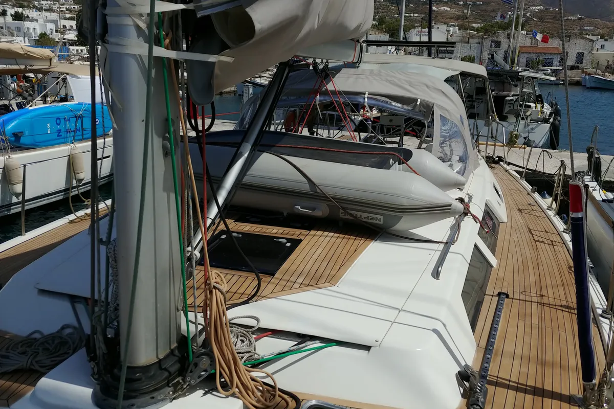 Deck of APOLLONIS, a Hanse Yachts Hanse 540e sailboat at Salamina Municipal Unit, Greece