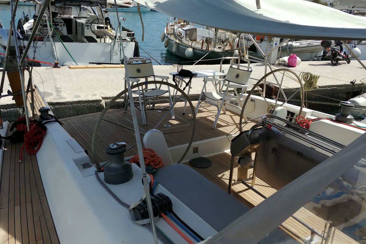 Deck of APOLLONIS, a Hanse Yachts Hanse 540e sailboat at Salamina Municipal Unit, Greece