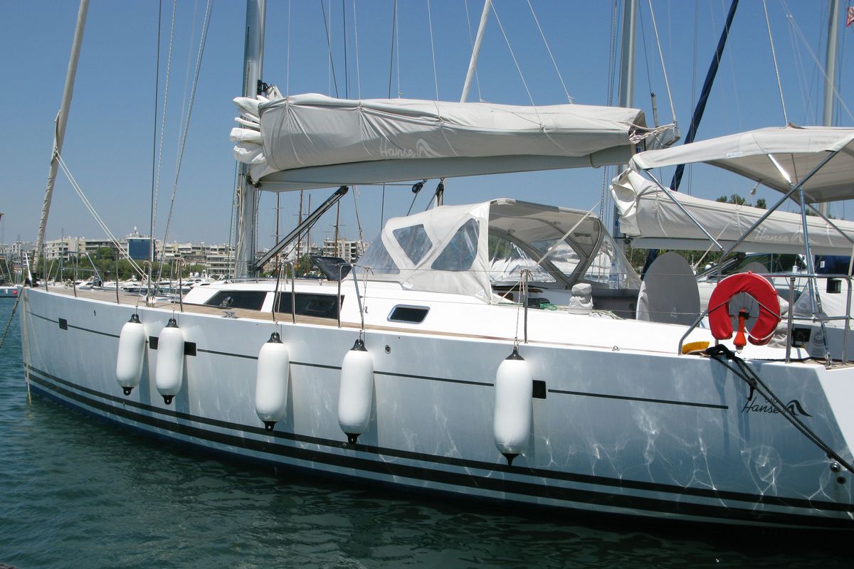 Exterior view of APOLLONIS, a Hanse Yachts Hanse 540e sailboat at Salamina Municipal Unit, Greece