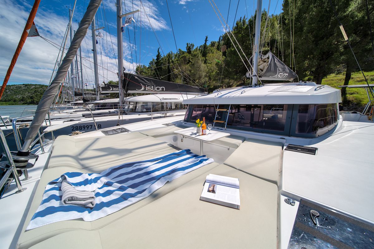Deck of First Whisper, a Bali Catsmart catamaran at Skradin, Croatia