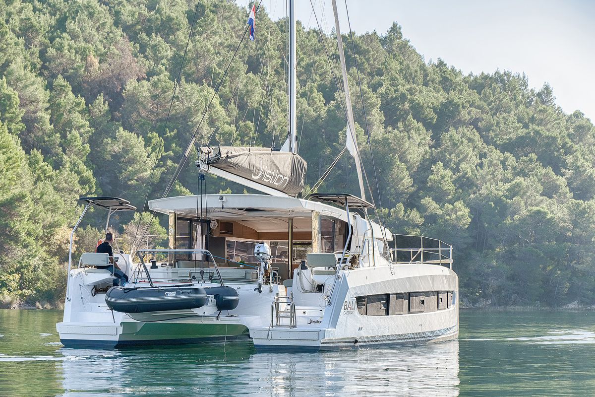 Exterior view of First Whisper, a Bali Catsmart catamaran at Skradin, Croatia