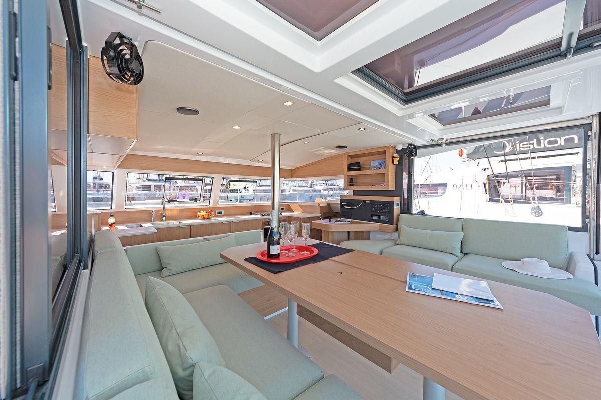 Salon of First Whisper, a Bali Catsmart catamaran at Skradin, Croatia