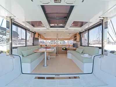 Deck of First Whisper, a Bali Catsmart catamaran at Skradin, Croatia