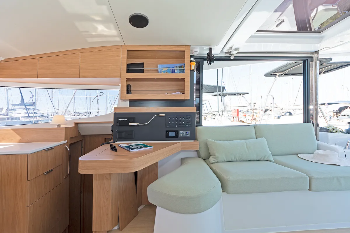 Cockpit of First Whisper, a Bali Catsmart catamaran at Skradin, Croatia