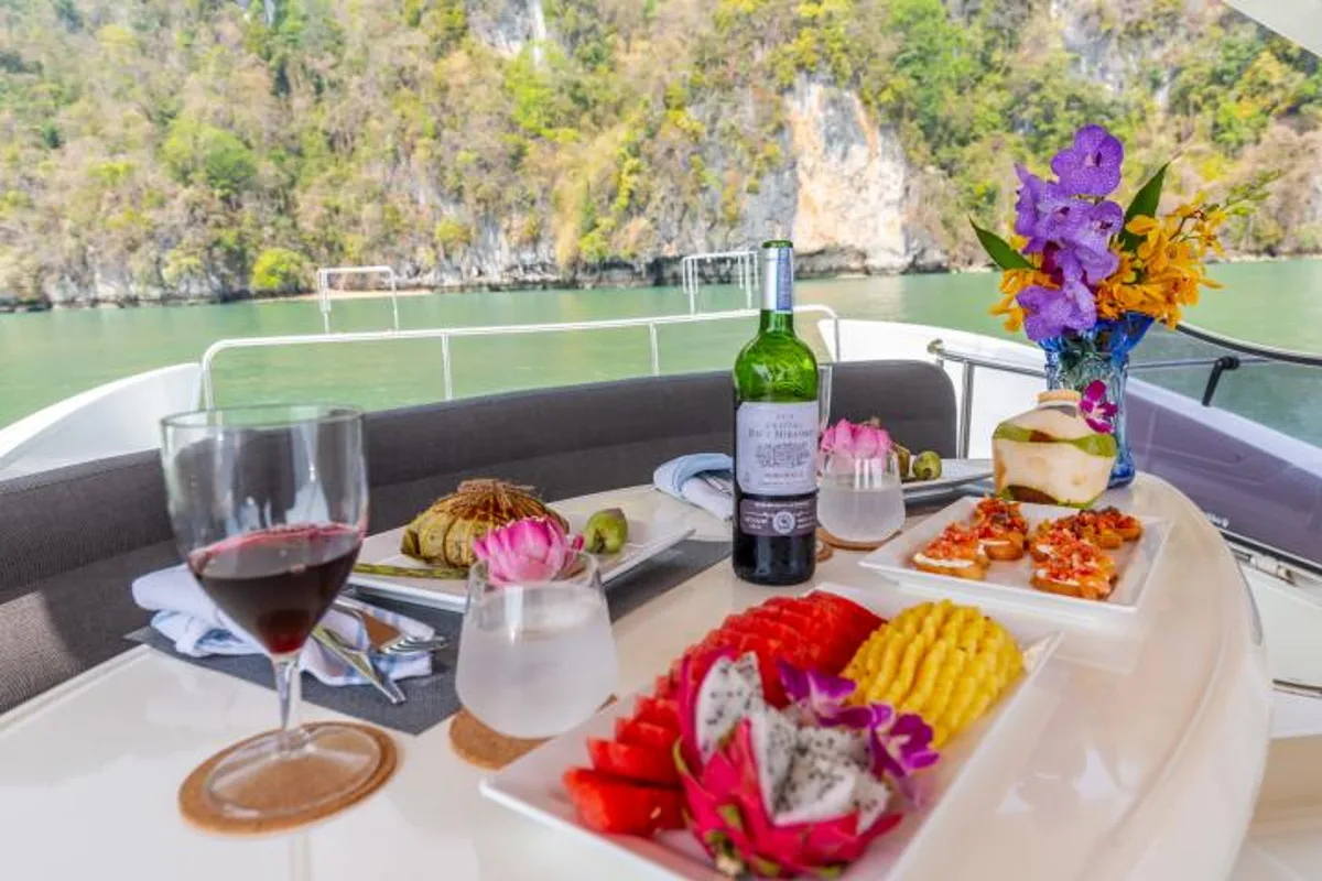 Deck of Pillars, a Azimut 55 Fly yacht at Mai Khao, Thailand