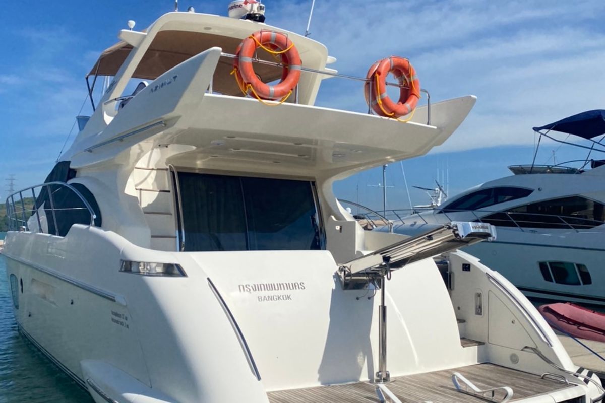 Exterior view of Pillars, a Azimut 55 Fly yacht at Mai Khao, Thailand