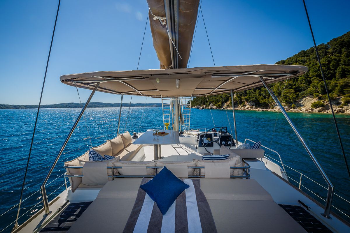 Deck of Aldebaran, a Bali 4.8 catamaran at Grad Biograd na Moru, Croatia