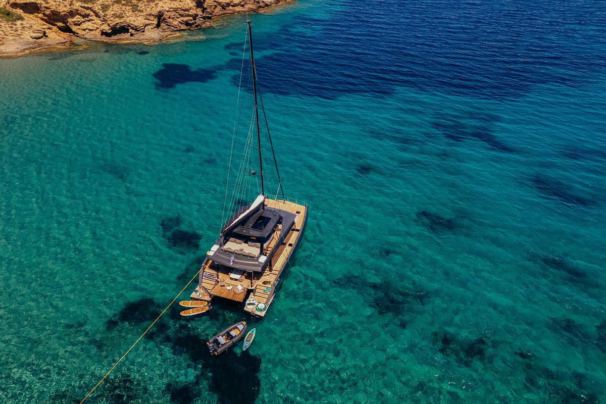 Exterior view of Honeymoon, a Gulet Moon Yacht 65 catamaran at Municipal Unit of Lefkada, Greece
