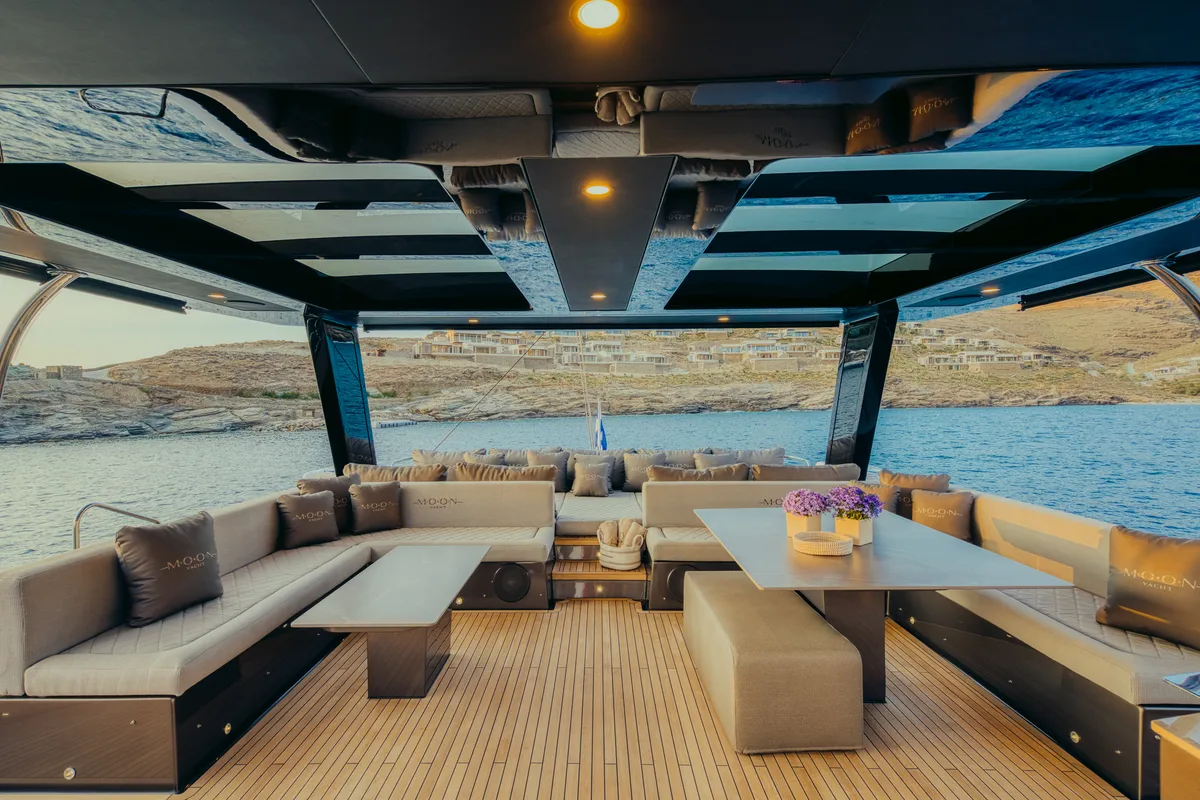 Deck of Honeymoon, a Gulet Moon Yacht 65 catamaran at Municipal Unit of Lefkada, Greece