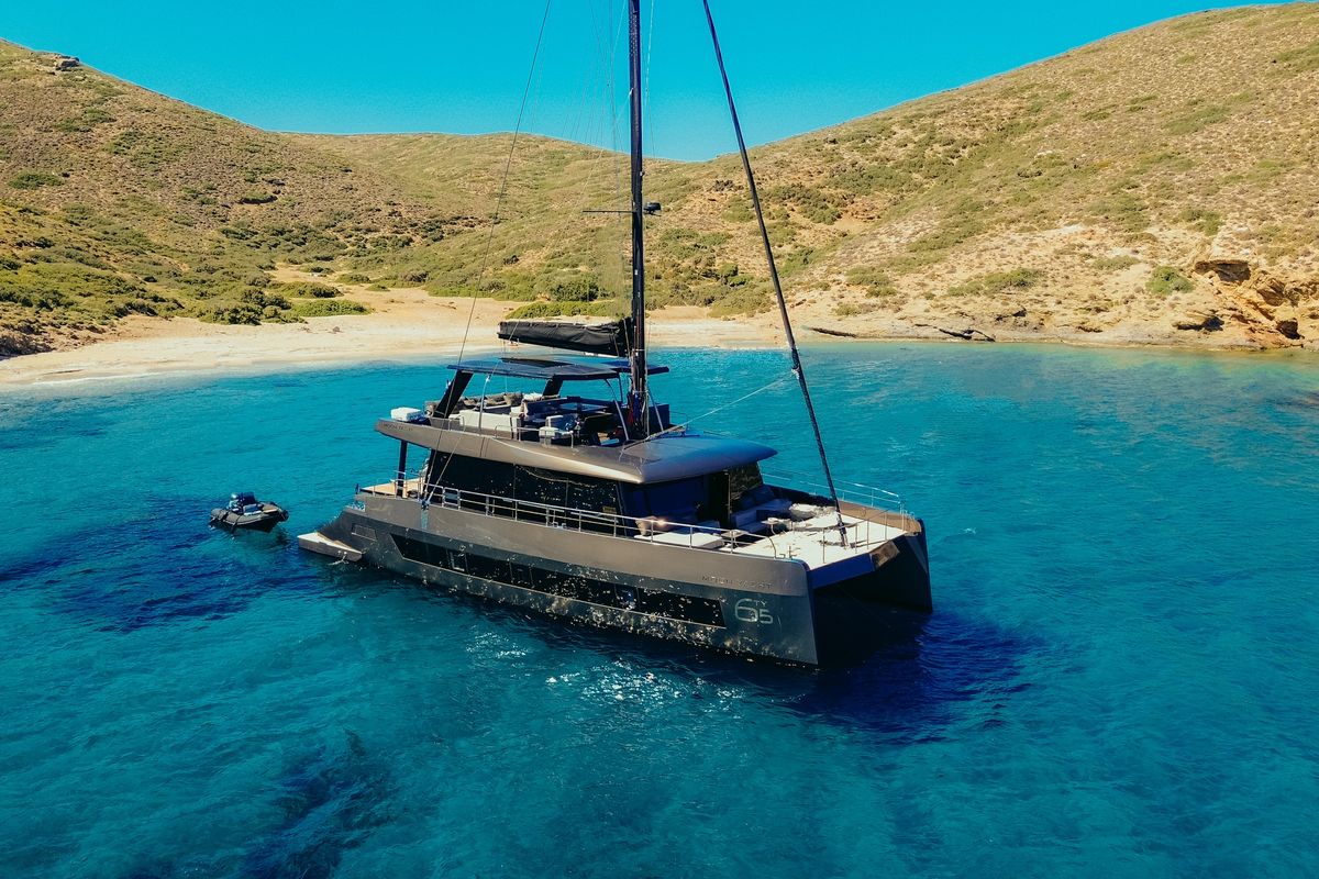 Exterior view of Honeymoon, a Gulet Moon Yacht 65 catamaran at Municipal Unit of Lefkada, Greece