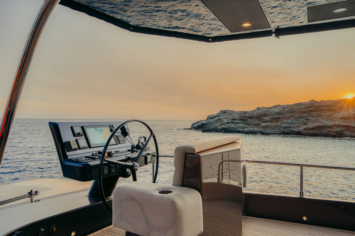 Cockpit of Honeymoon, a Gulet Moon Yacht 65 catamaran at Municipal Unit of Lefkada, Greece