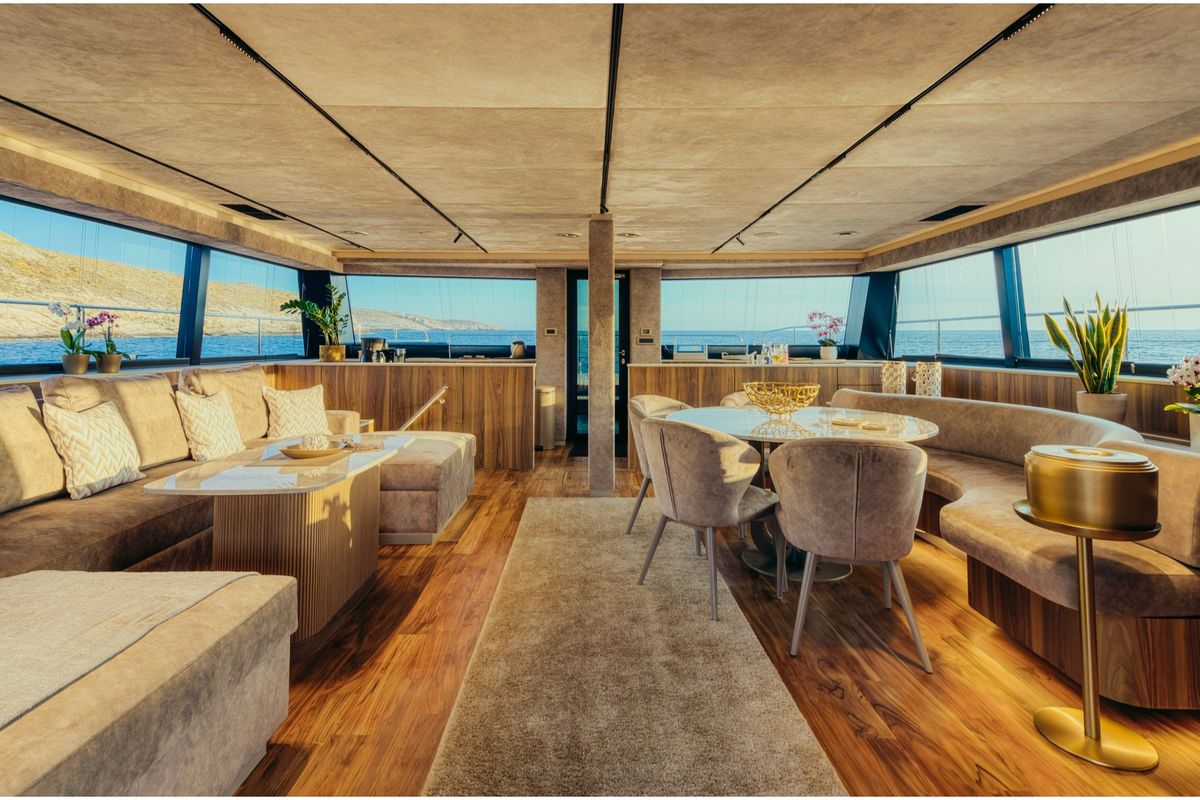 Salon of Honeymoon, a Gulet Moon Yacht 65 catamaran at Municipal Unit of Lefkada, Greece