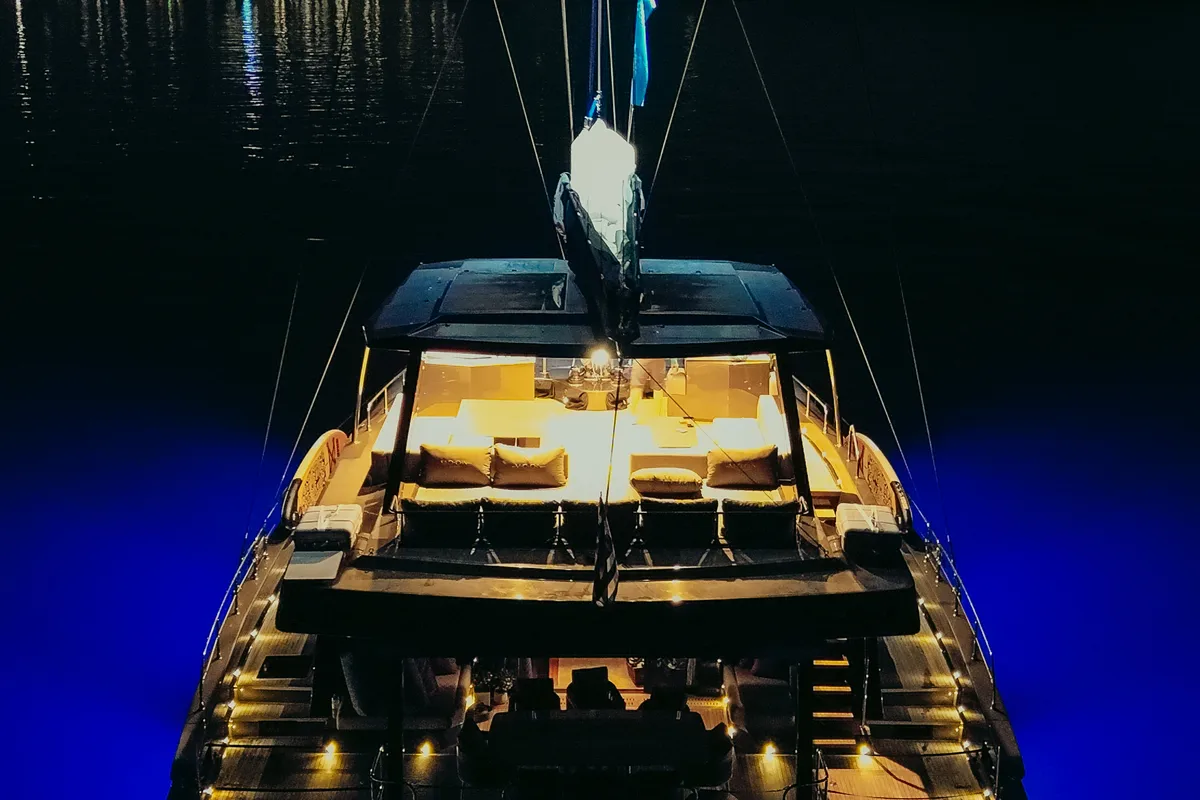 Exterior view of Honeymoon, a Gulet Moon Yacht 65 catamaran at Municipal Unit of Lefkada, Greece