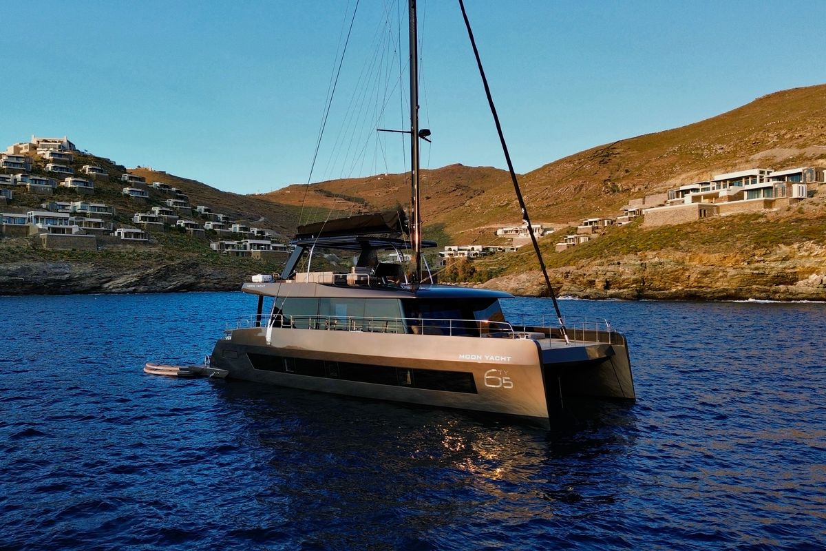 Exterior view of Honeymoon, a Gulet Moon Yacht 65 catamaran at Municipal Unit of Lefkada, Greece