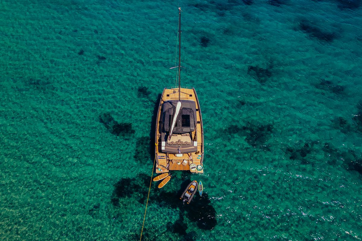 Exterior view of Honeymoon, a Gulet Moon Yacht 65 catamaran at Municipal Unit of Lefkada, Greece