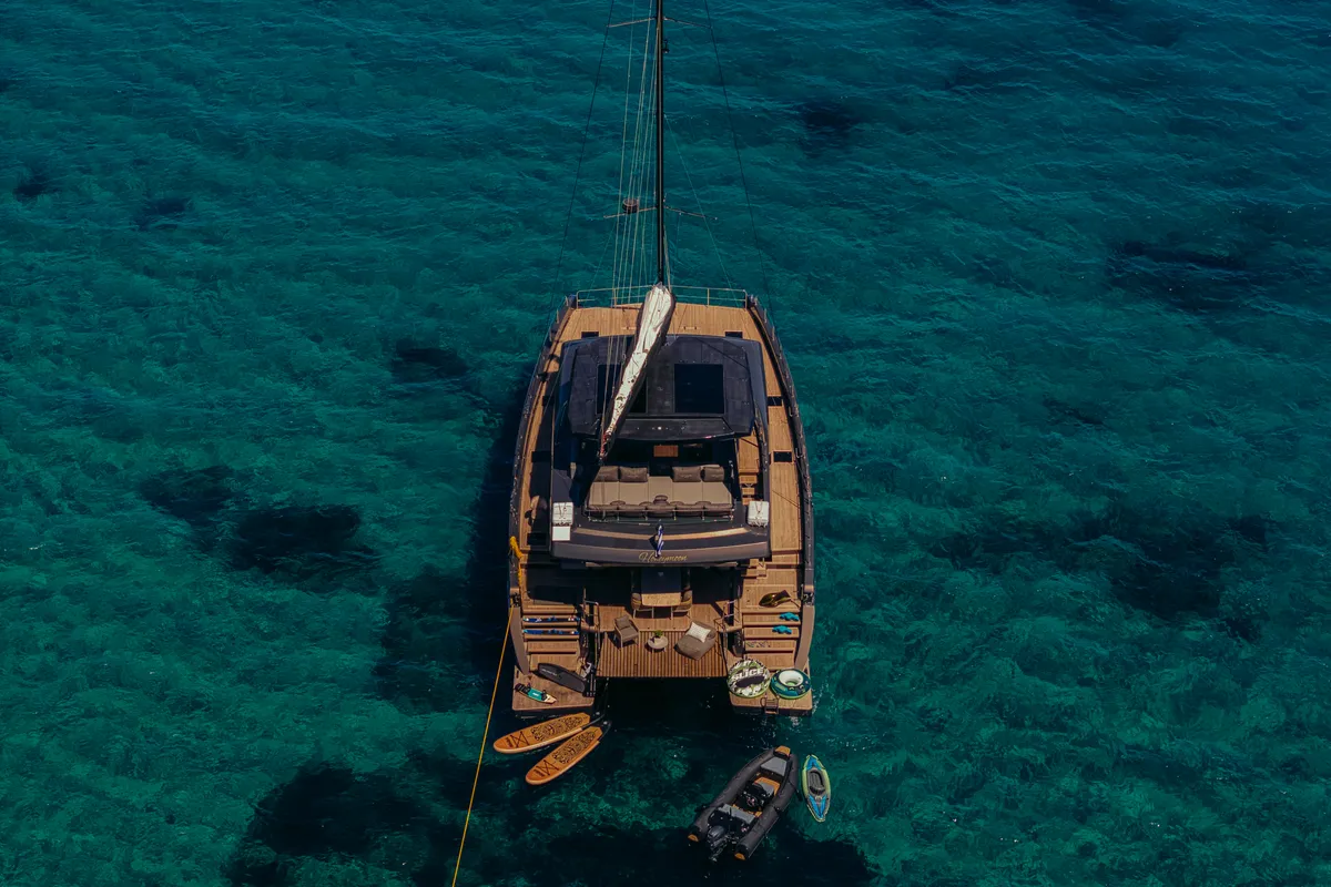 Exterior view of Honeymoon, a Gulet Moon Yacht 65 catamaran at Municipal Unit of Lefkada, Greece