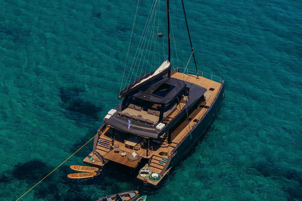 Exterior view of Honeymoon, a Gulet Moon Yacht 65 catamaran at Municipal Unit of Lefkada, Greece
