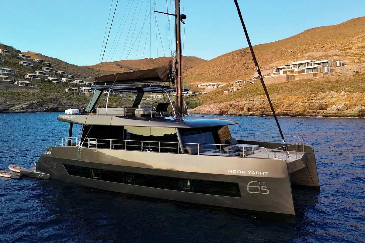 Exterior view of Honeymoon, a Gulet Moon Yacht 65 catamaran at Municipal Unit of Lefkada, Greece