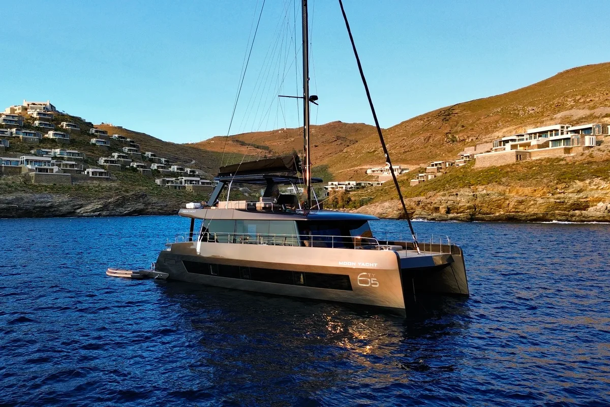 Exterior view of Honeymoon, a Gulet Moon Yacht 65 catamaran at Municipal Unit of Lefkada, Greece