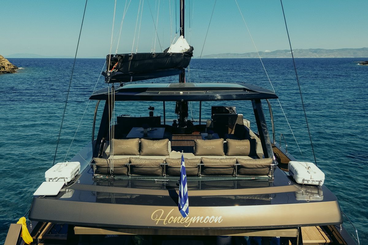 Deck of Honeymoon, a Gulet Moon Yacht 65 catamaran at Municipal Unit of Lefkada, Greece