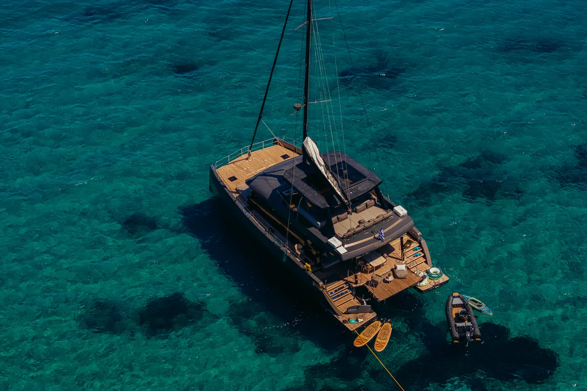 Exterior view of Honeymoon, a Gulet Moon Yacht 65 catamaran at Municipal Unit of Lefkada, Greece