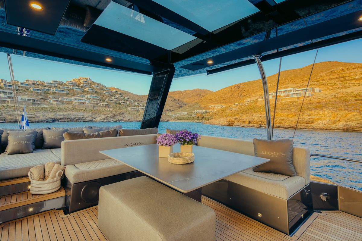 Deck of Honeymoon, a Gulet Moon Yacht 65 catamaran at Municipal Unit of Lefkada, Greece