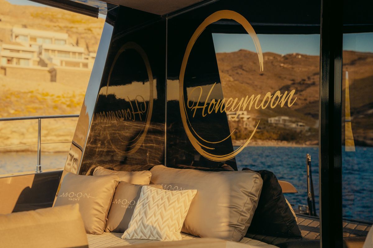 Deck of Honeymoon, a Gulet Moon Yacht 65 catamaran at Municipal Unit of Lefkada, Greece
