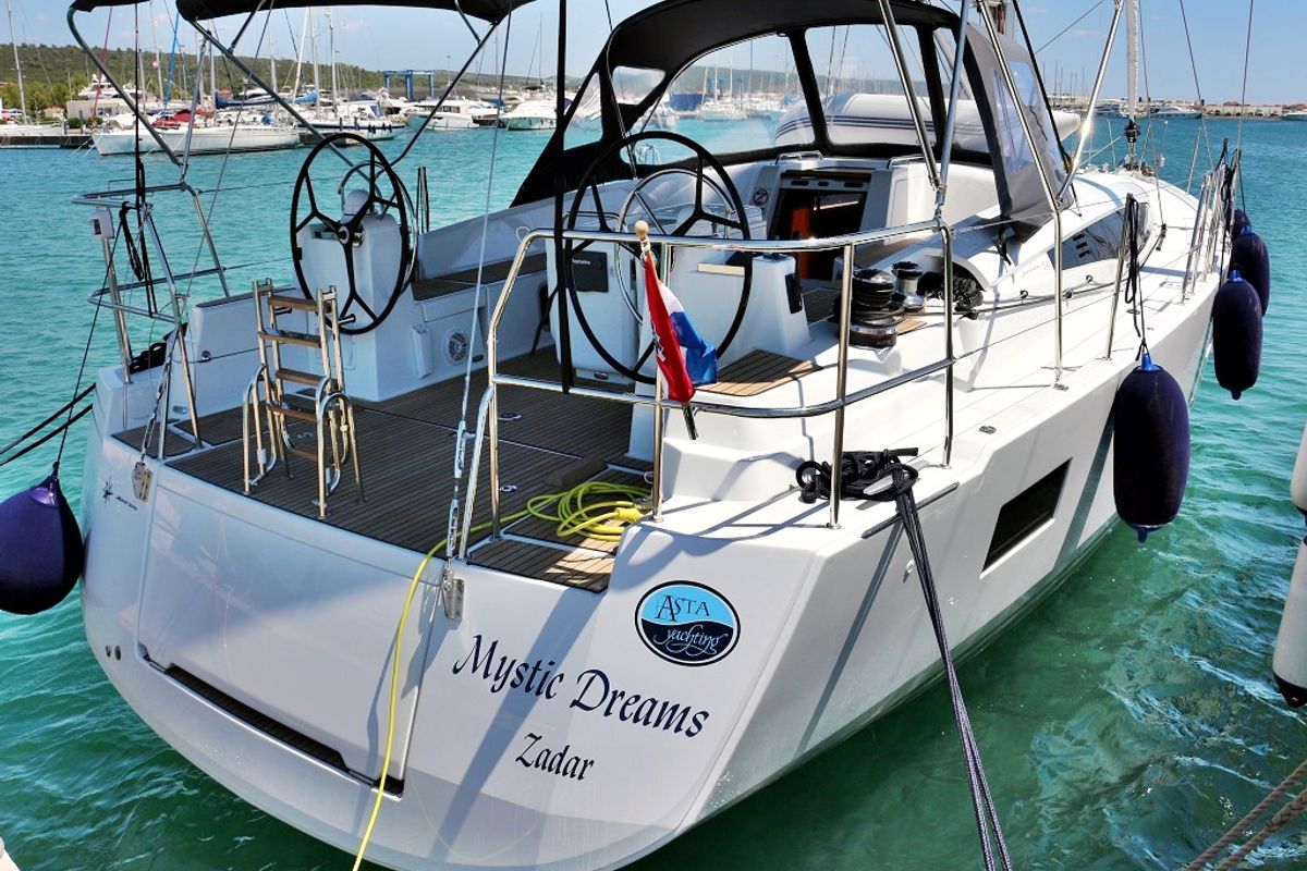 Exterior view of Mystic Dreams, a Jeanneau 54 sailboat at Općina Sukošan, Croatia