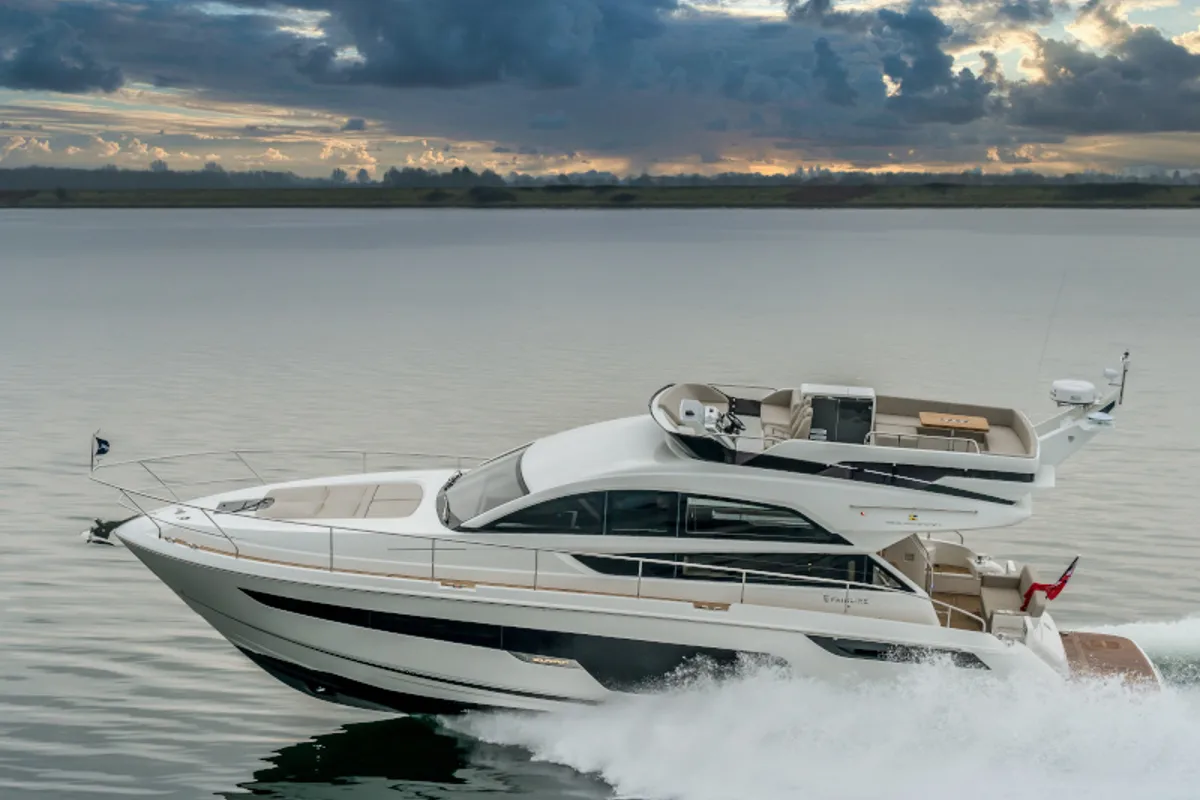 Exterior view of Lady Noble, a Fairline Boats Fairline Squadron 50 motorboat at Seget Donji, Croatia