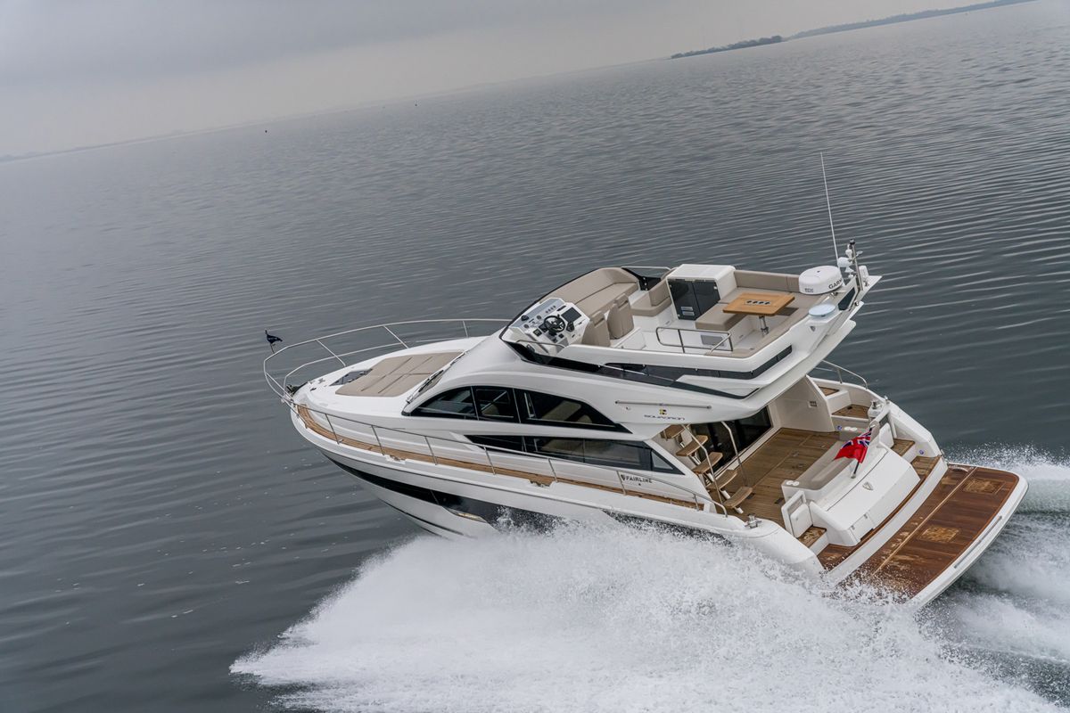Exterior view of Lady Noble, a Fairline Boats Fairline Squadron 50 motorboat at Seget Donji, Croatia