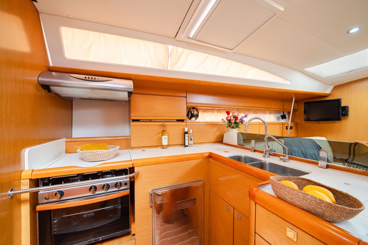 Galley of Regina V, a Jeanneau 53 sailboat at Lavreotiki Municipal Unit, Greece