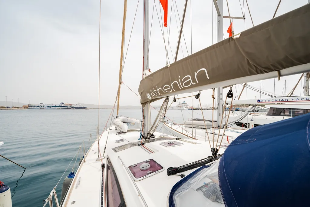 Deck of Regina V, a Jeanneau 53 sailboat at Lavreotiki Municipal Unit, Greece