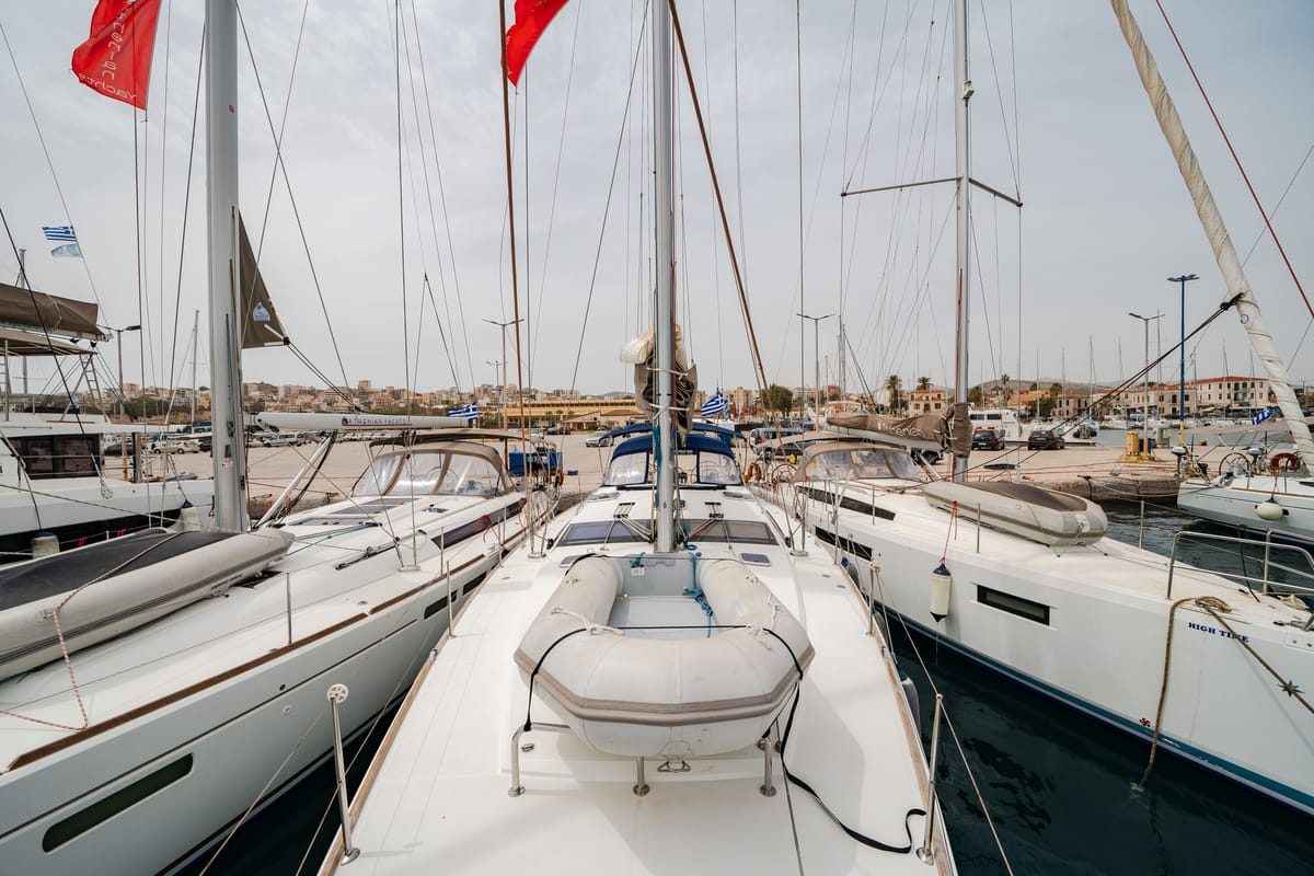 Regina V, a Jeanneau 53 sailboat at Lavreotiki Municipal Unit, Greece