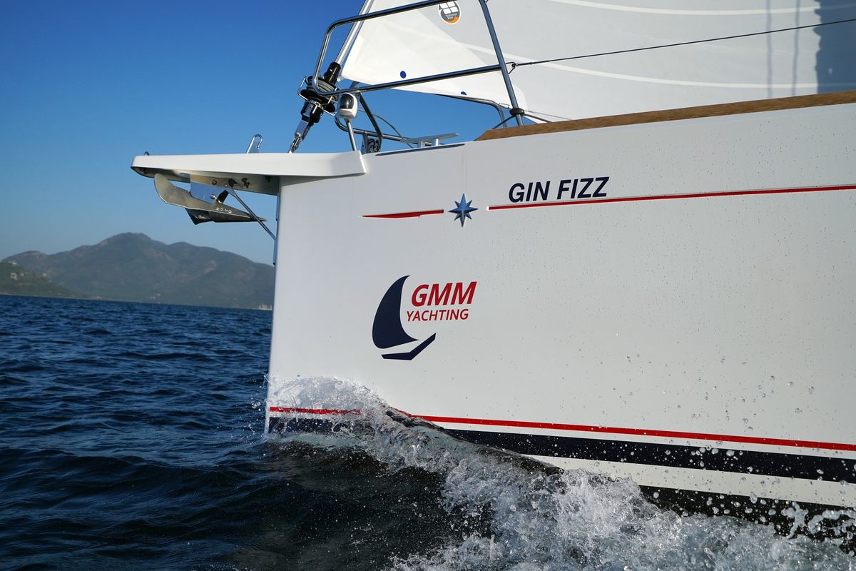 Exterior view of Gin Fizz, a Jeanneau Sun Odyssey 389 sailboat at Marmaris, Turkey