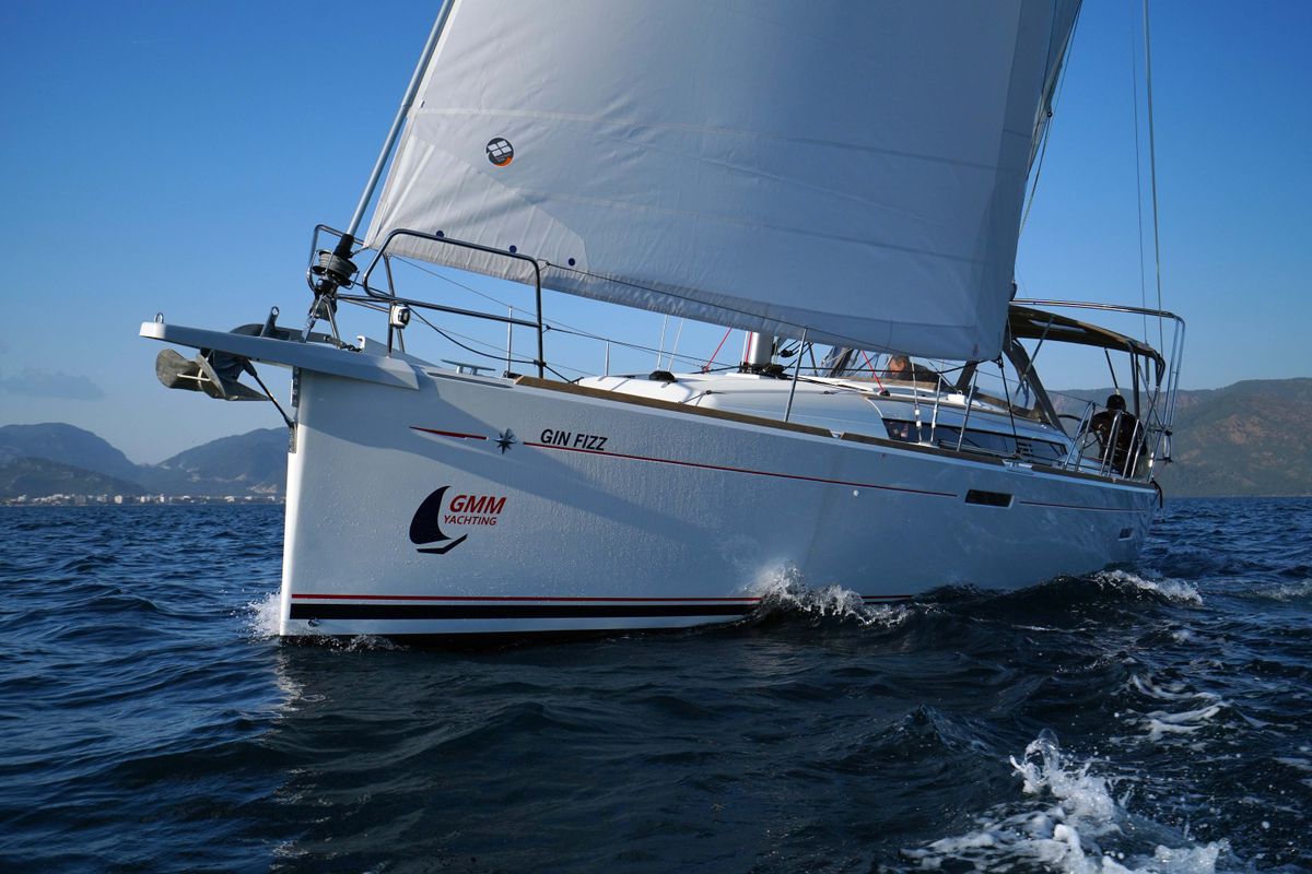 Exterior view of Gin Fizz, a Jeanneau Sun Odyssey 389 sailboat at Marmaris, Turkey