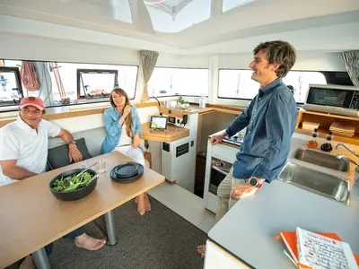 Salon of Albatross, a Excess 11 catamaran at Papeete, France