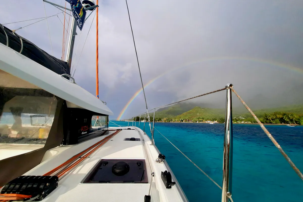 Deck of Albatross, a Excess 11 catamaran at Papeete, France