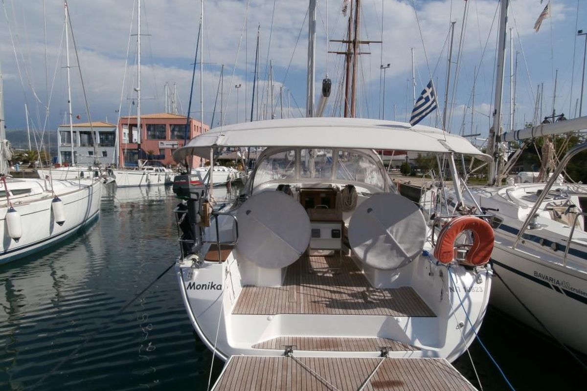 Deck of Monika, a Bavaria Cruiser 40 sailboat at Municipal Unit of Lefkada, Greece
