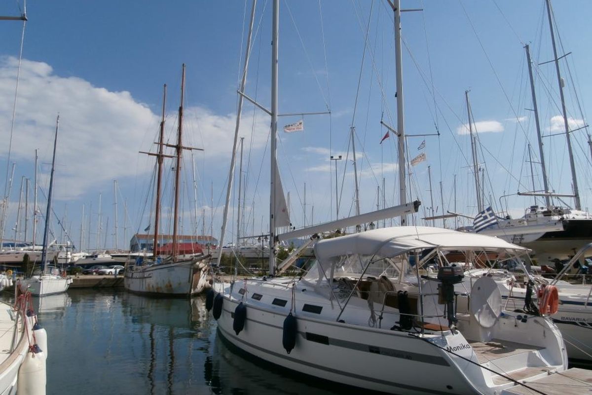 Exterior view of Monika, a Bavaria Cruiser 40 sailboat at Municipal Unit of Lefkada, Greece