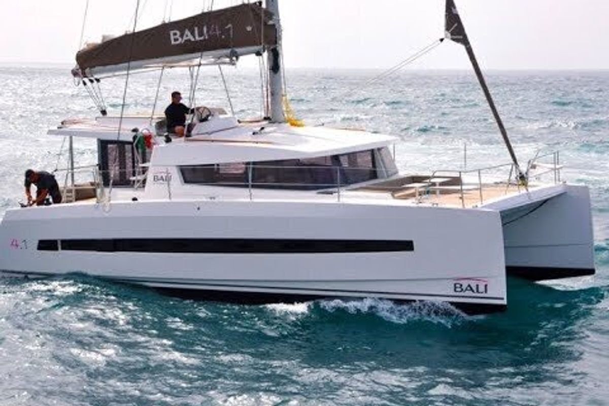 Exterior view of Efi, a Bali 4.1 catamaran at Municipal Unit of Lefkada, Greece
