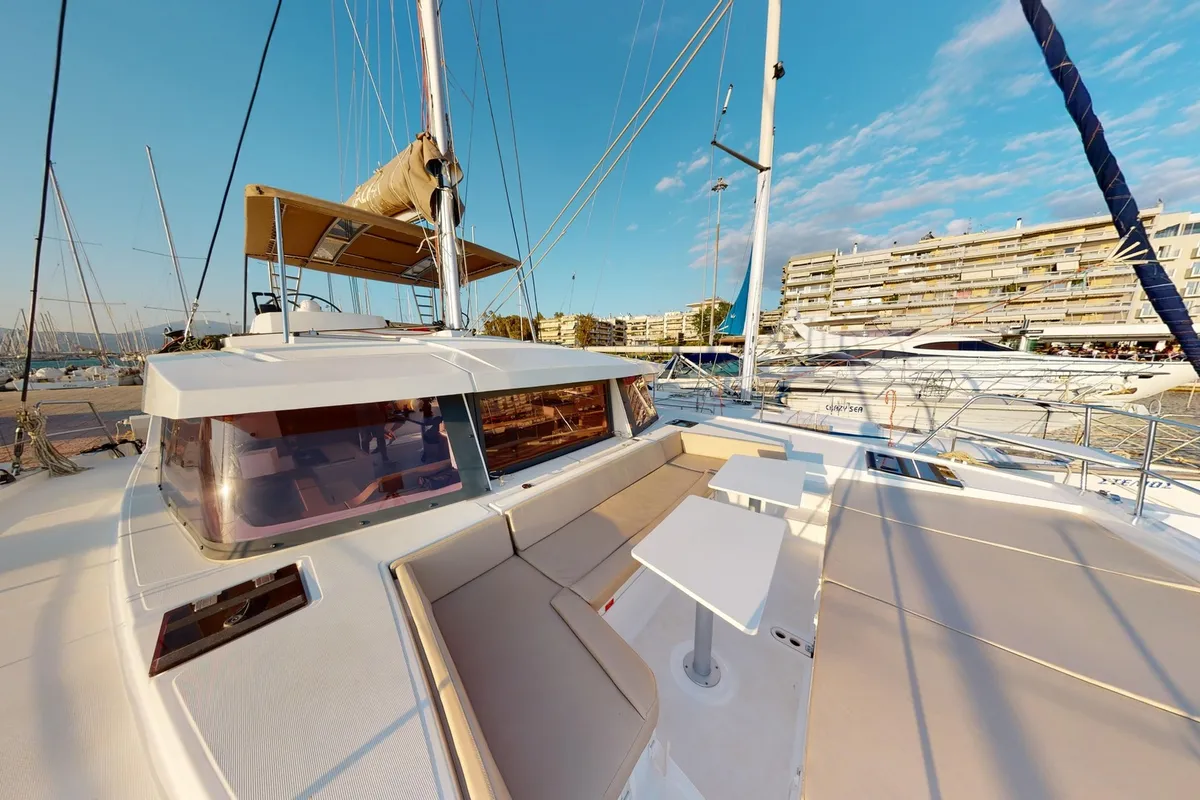 Deck of Efi, a Bali 4.1 catamaran at Municipal Unit of Lefkada, Greece