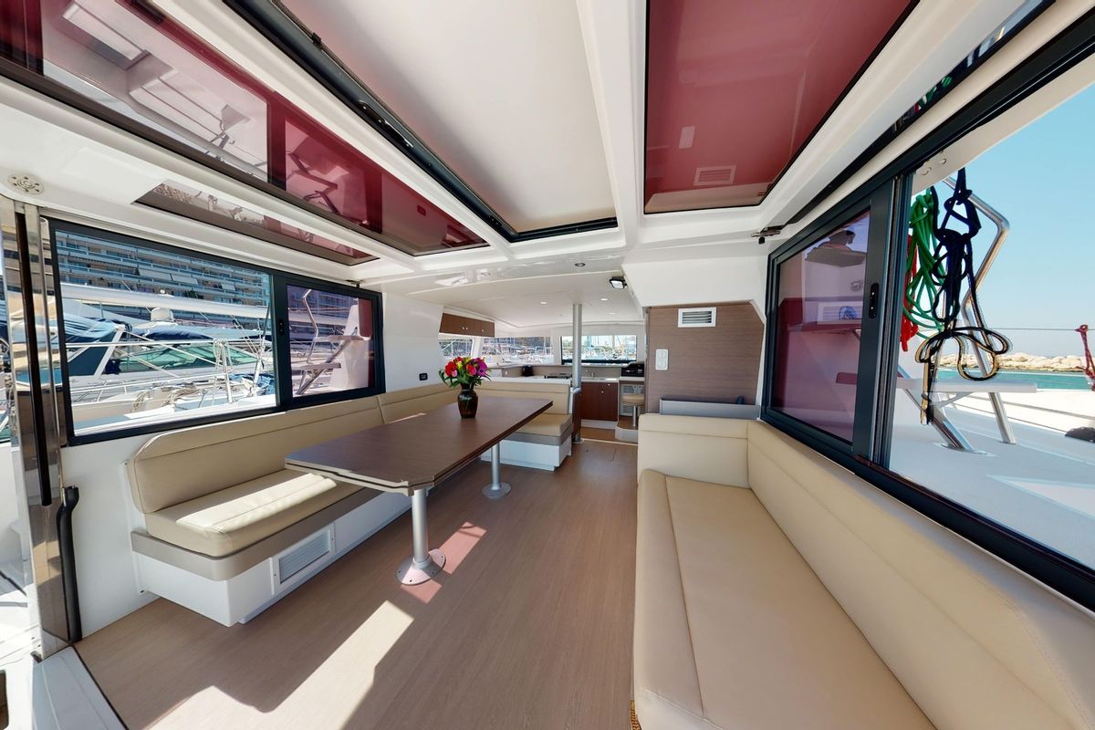 Salon of Efi, a Bali 4.1 catamaran at Municipal Unit of Lefkada, Greece