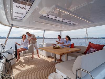Cockpit of LUZ DEL MAR, a Lagoon 55 catamaran at Santa Eulària des Riu, Spain