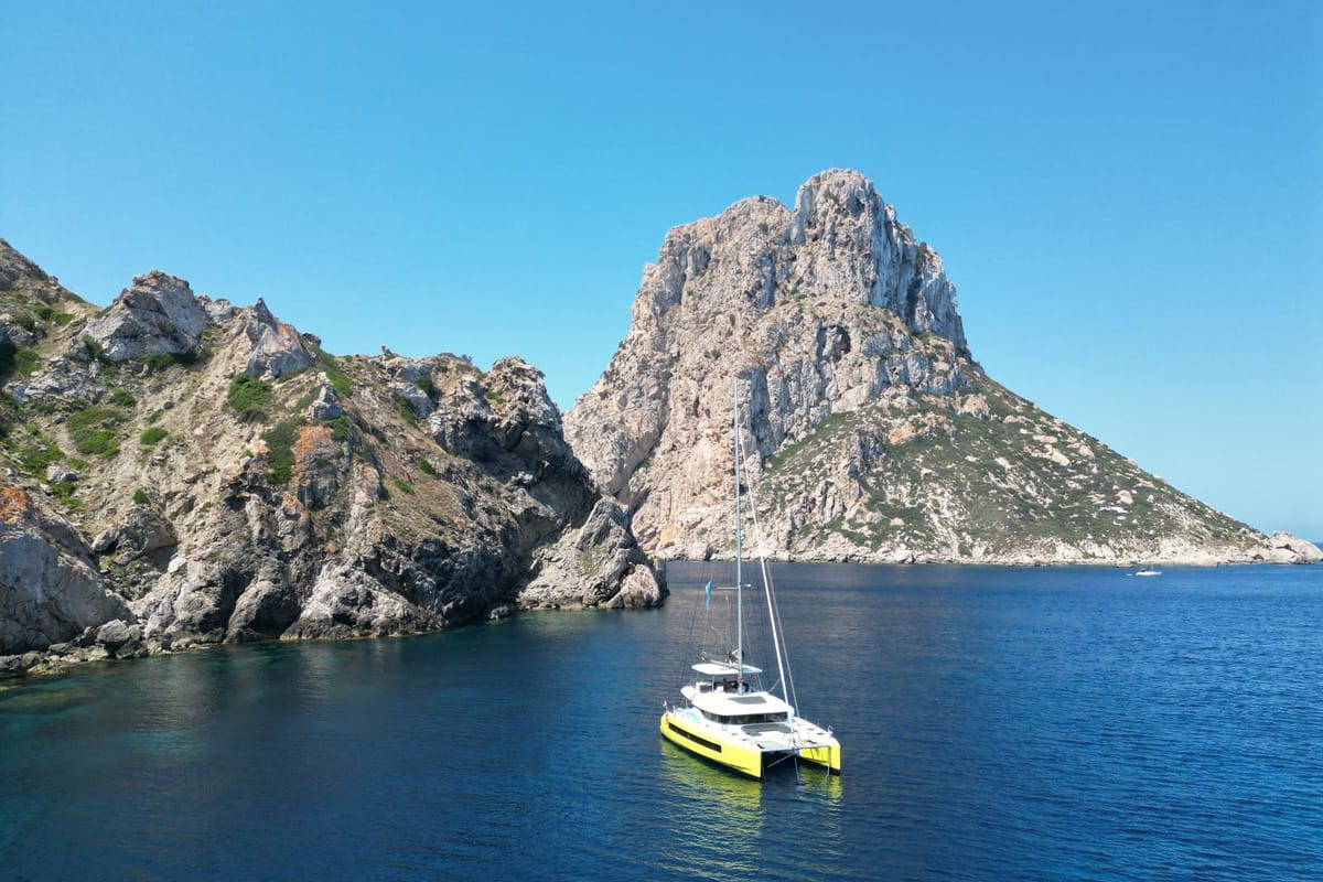 Exterior view of LUZ DEL MAR, a Lagoon 55 catamaran at Santa Eulària des Riu, Spain
