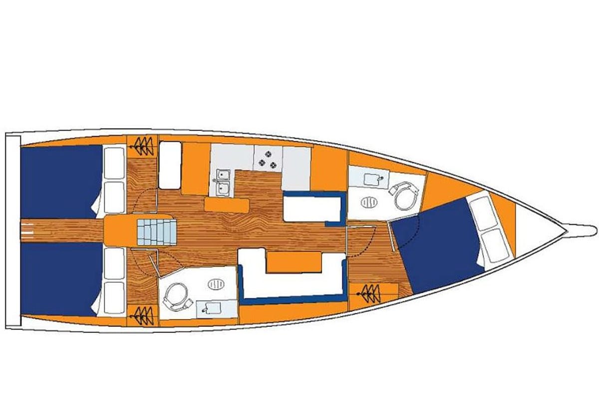 Floor plan of Sunsail 410 Premium, a Jeanneau Sun Odyssey 410 sailboat at Gouvia, Greece