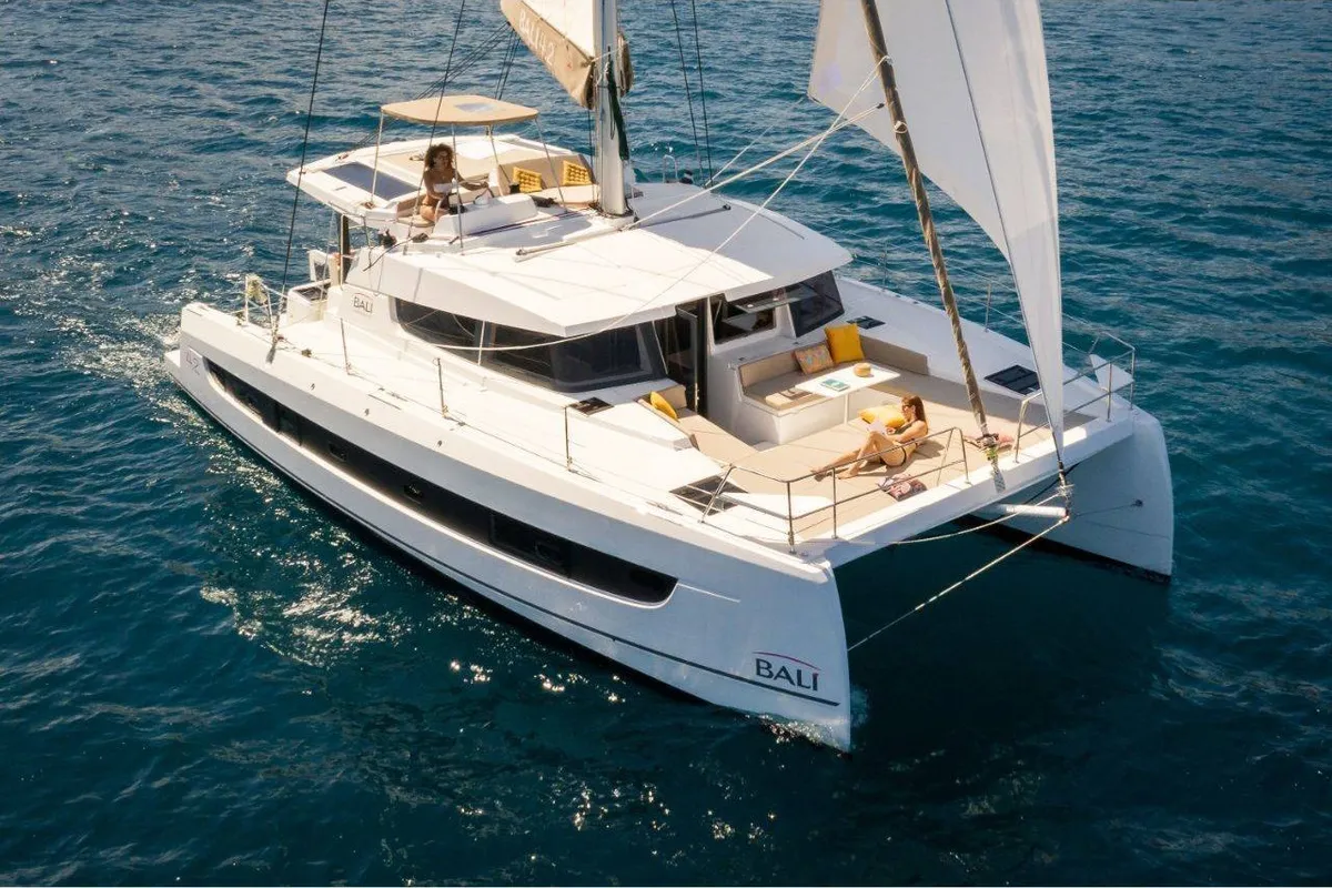 Exterior view of Diotima, a Bali 4.2 catamaran at Athens, Greece