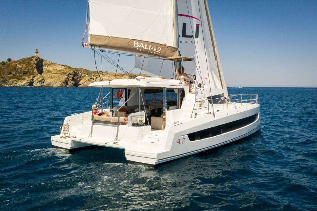 Exterior view of Diotima, a Bali 4.2 catamaran at Athens, Greece