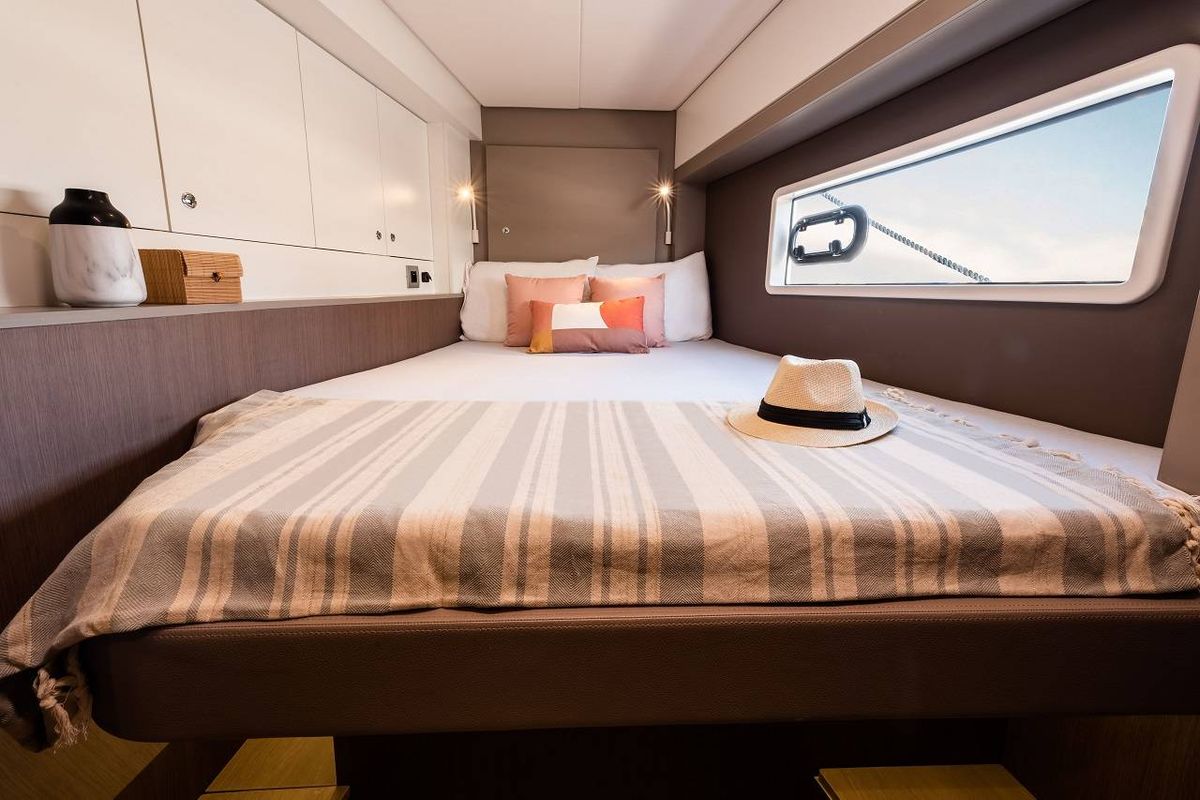 Cabin on Diotima, a Bali 4.2 catamaran at Athens, Greece