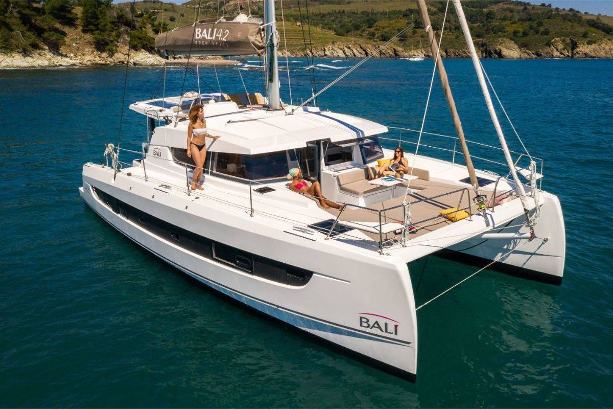 Exterior view of Diotima, a Bali 4.2 catamaran at Athens, Greece