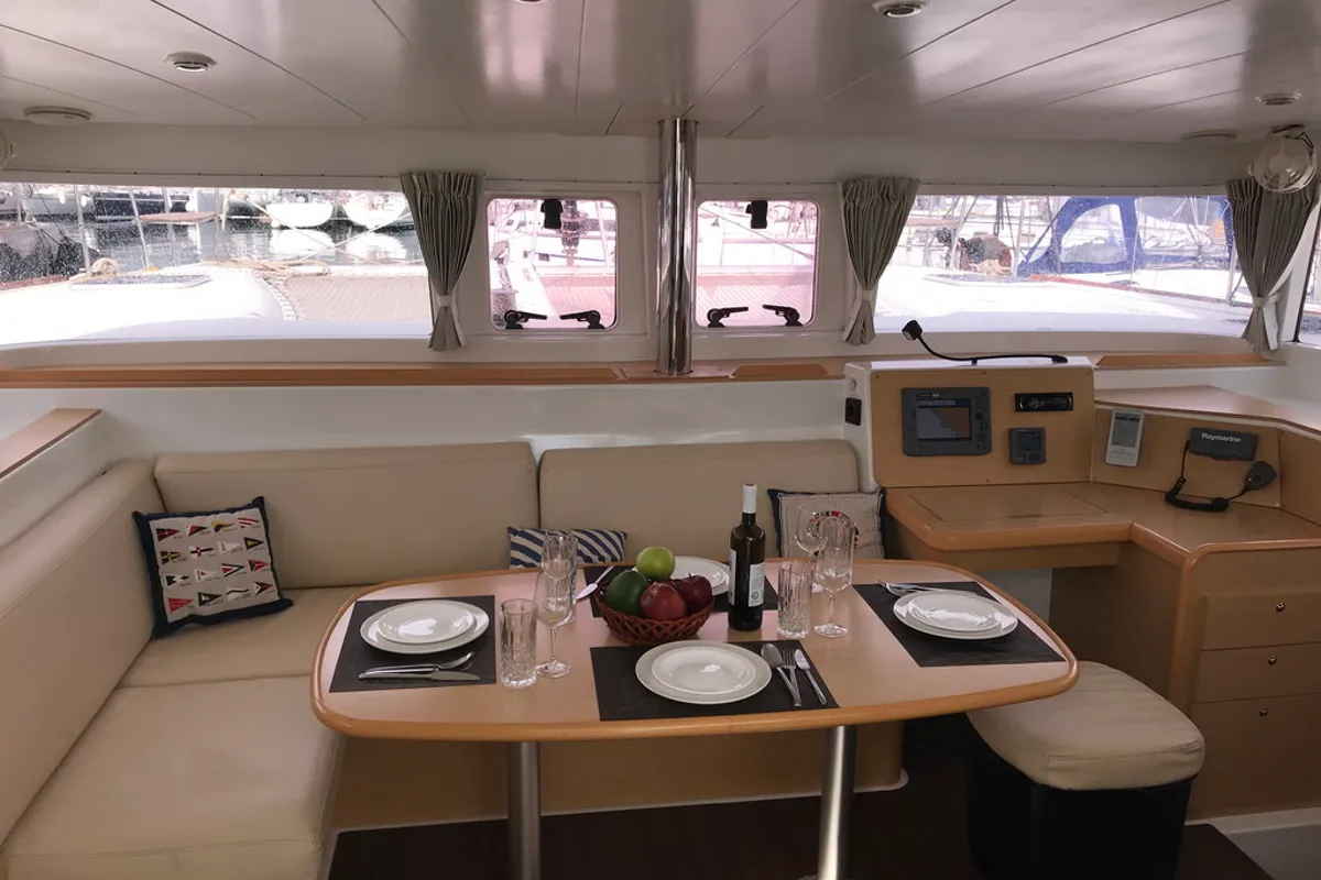 Salon of Aurora, a Lagoon 400 catamaran at Athens, Greece